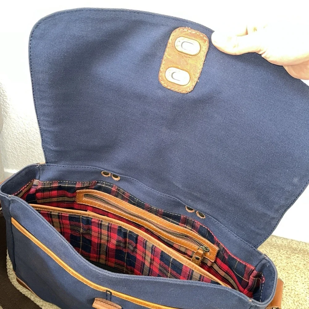 Mens Will Leather Goods Dennis Messenger Bag Navy Canvas Tan Leather One Size
